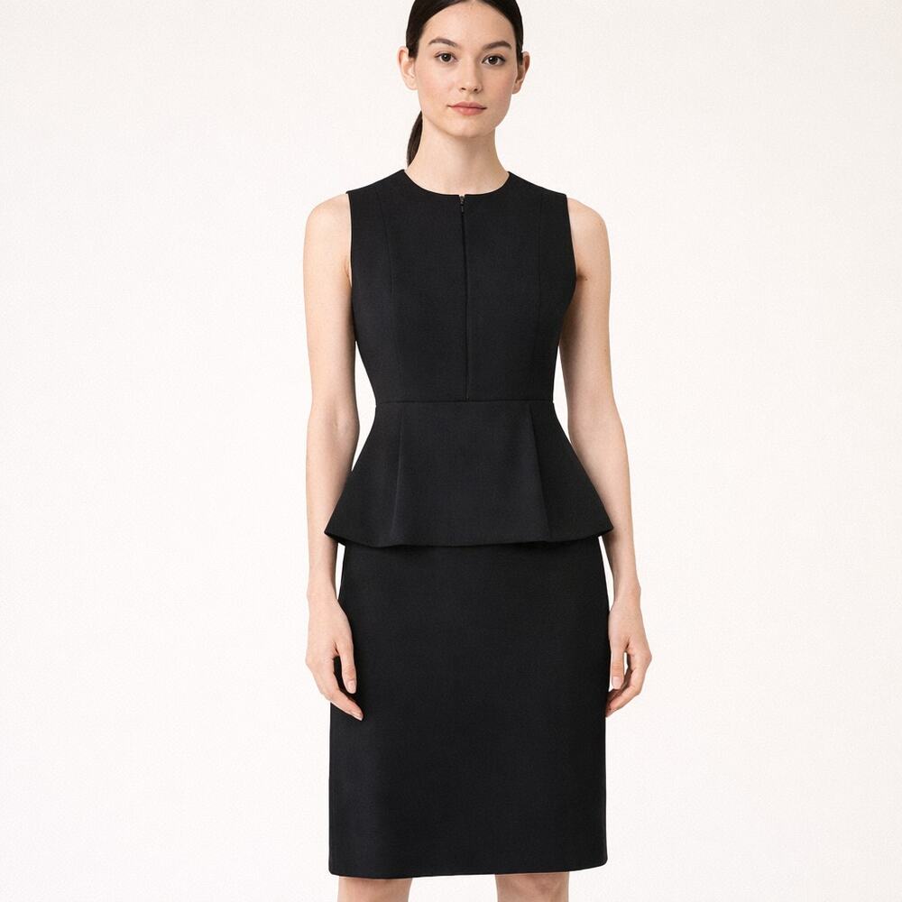 Akris Wool Zip-Front Sleeveless Crew Neck Peplum Mini Sheath Dress Black 10